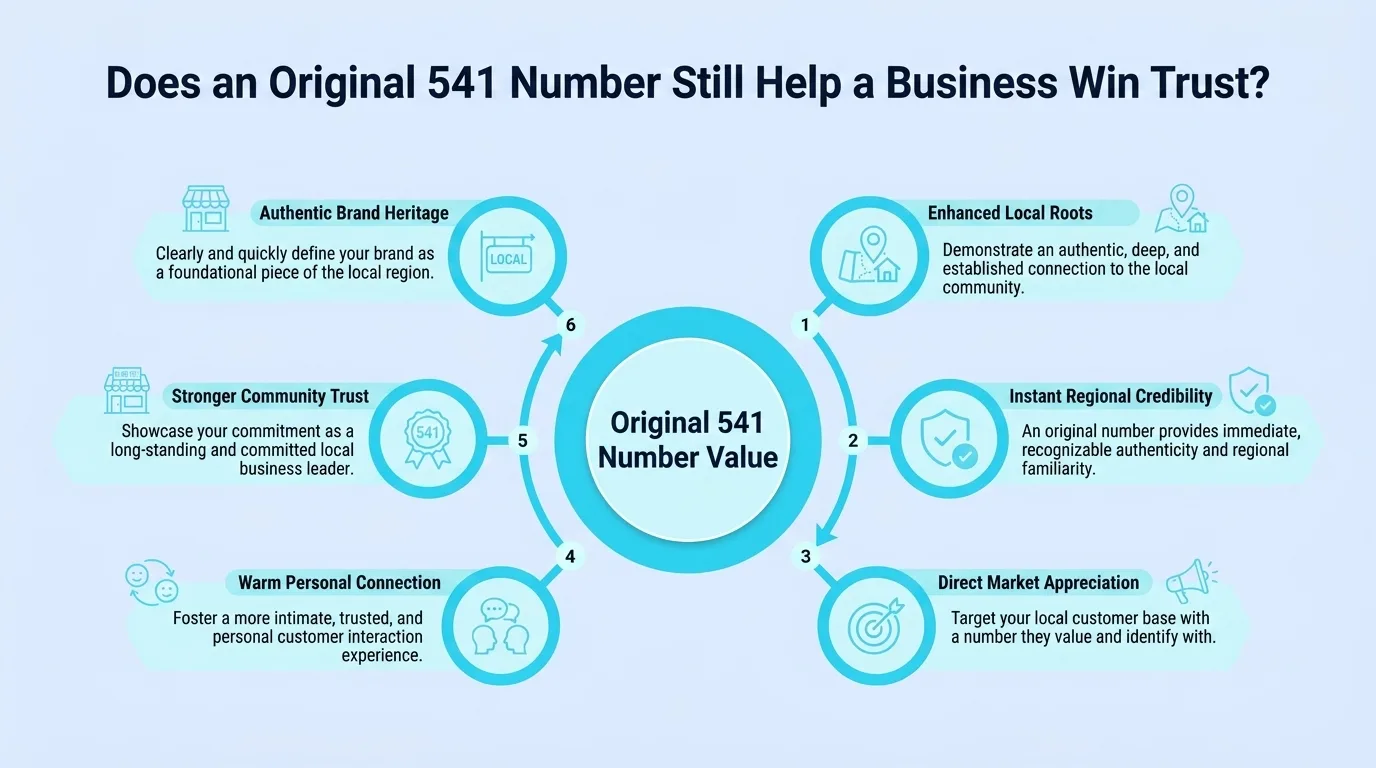 Does an Original 541 Number Still Help a Business Win Trust — diagram of enhanced local roots, instant regional credibility, direct market appreciation, warm personal connection, stronger community trust, and authentic brand heritage
