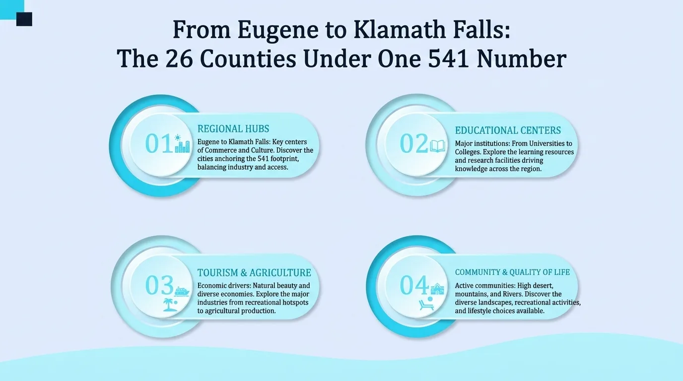 From Eugene to Klamath Falls: The 26 Counties Under One 541 Number — diagram of regional hubs, educational centers, tourism and agriculture, and community quality of life