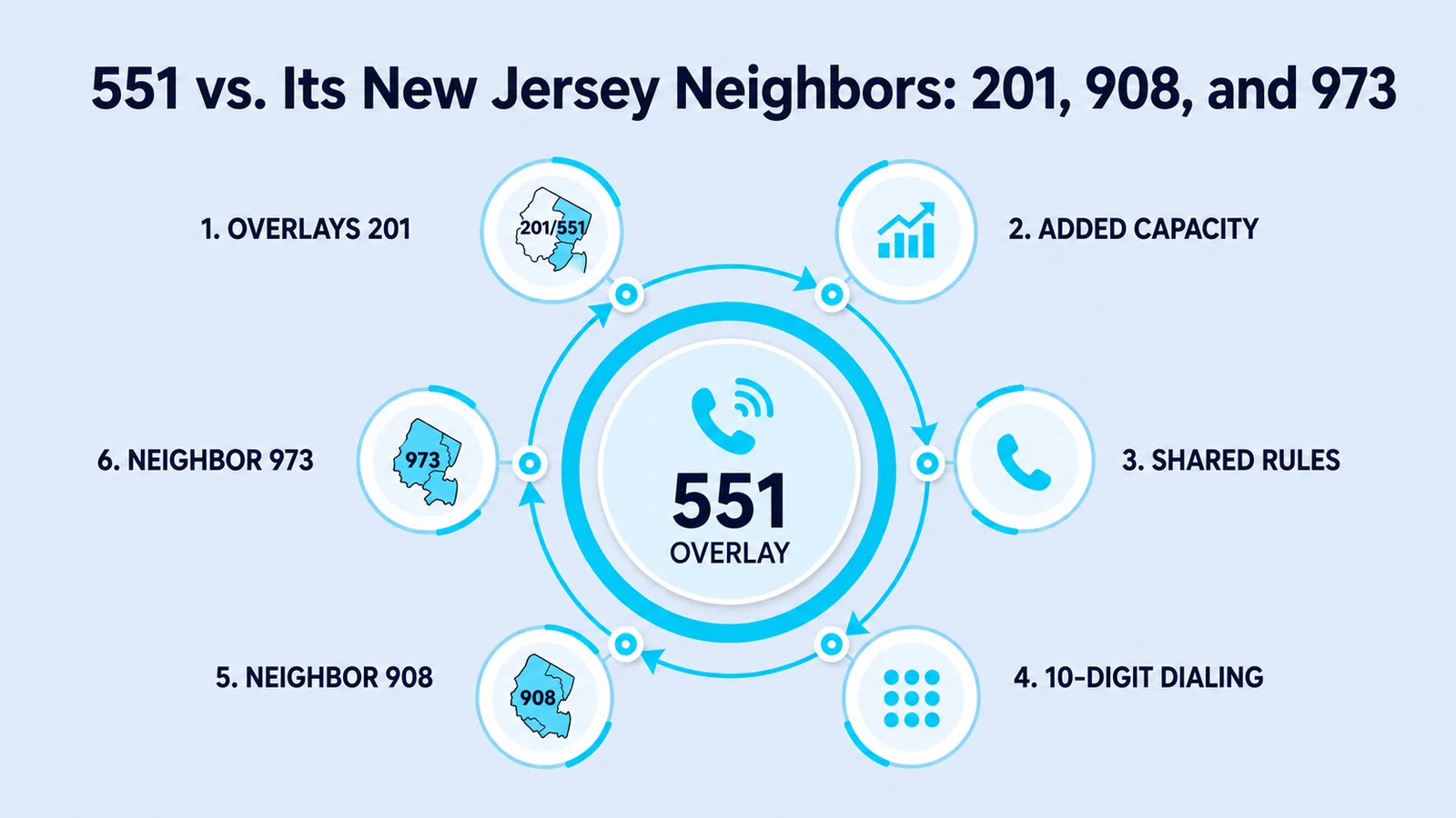 551 vs. Its New Jersey Neighbors: 201, 908, and 973 — overlays 201, added capacity, shared rules, 10-digit dialing, neighbor 908, and neighbor 973