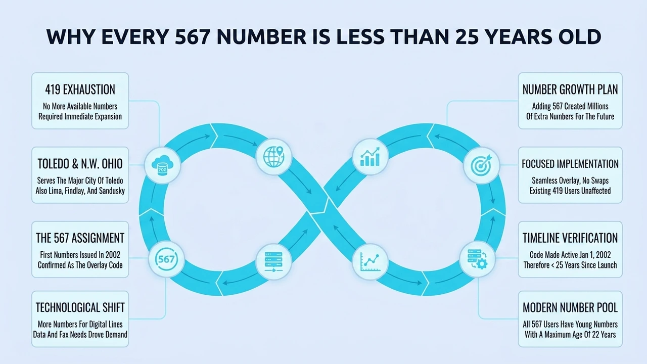 Why Every 567 Number Is Less Than 25 Years Old — infographic covering 419 exhaustion, Toledo and northwest Ohio, the 567 assignment, technological shift, number growth plan, and timeline verification