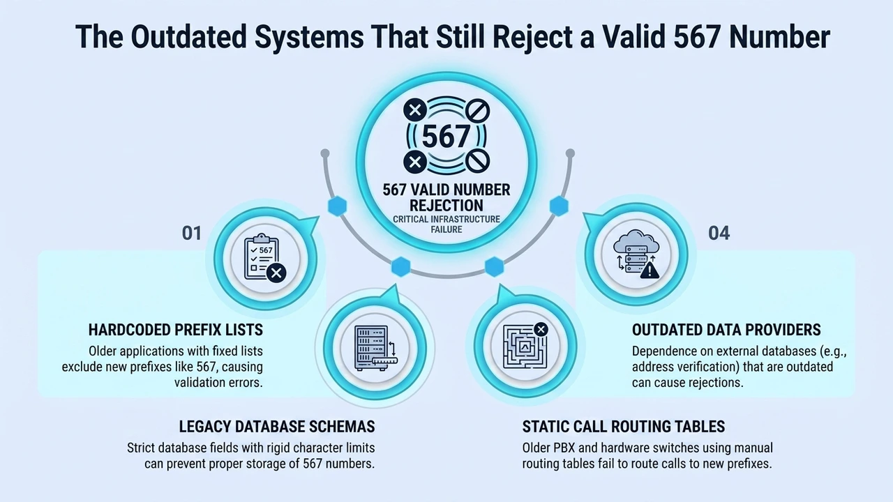 The Outdated Systems That Still Reject a Valid 567 Number — four causes: hardcoded prefix lists, legacy database schemas, static call routing tables, and outdated data providers