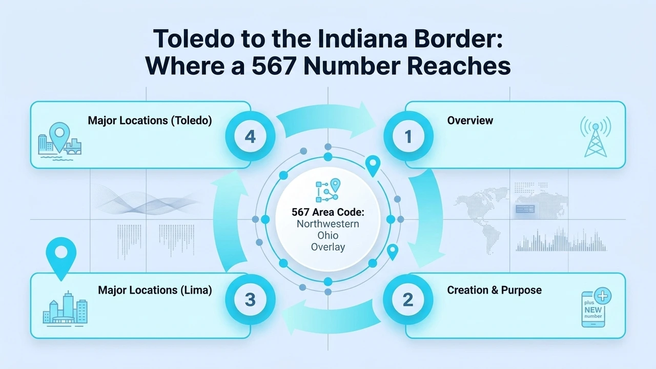 Toledo to the Indiana Border: Where a 567 Number Reaches — four-part overview of the 567 area code as a northwestern Ohio overlay covering Toledo and Lima