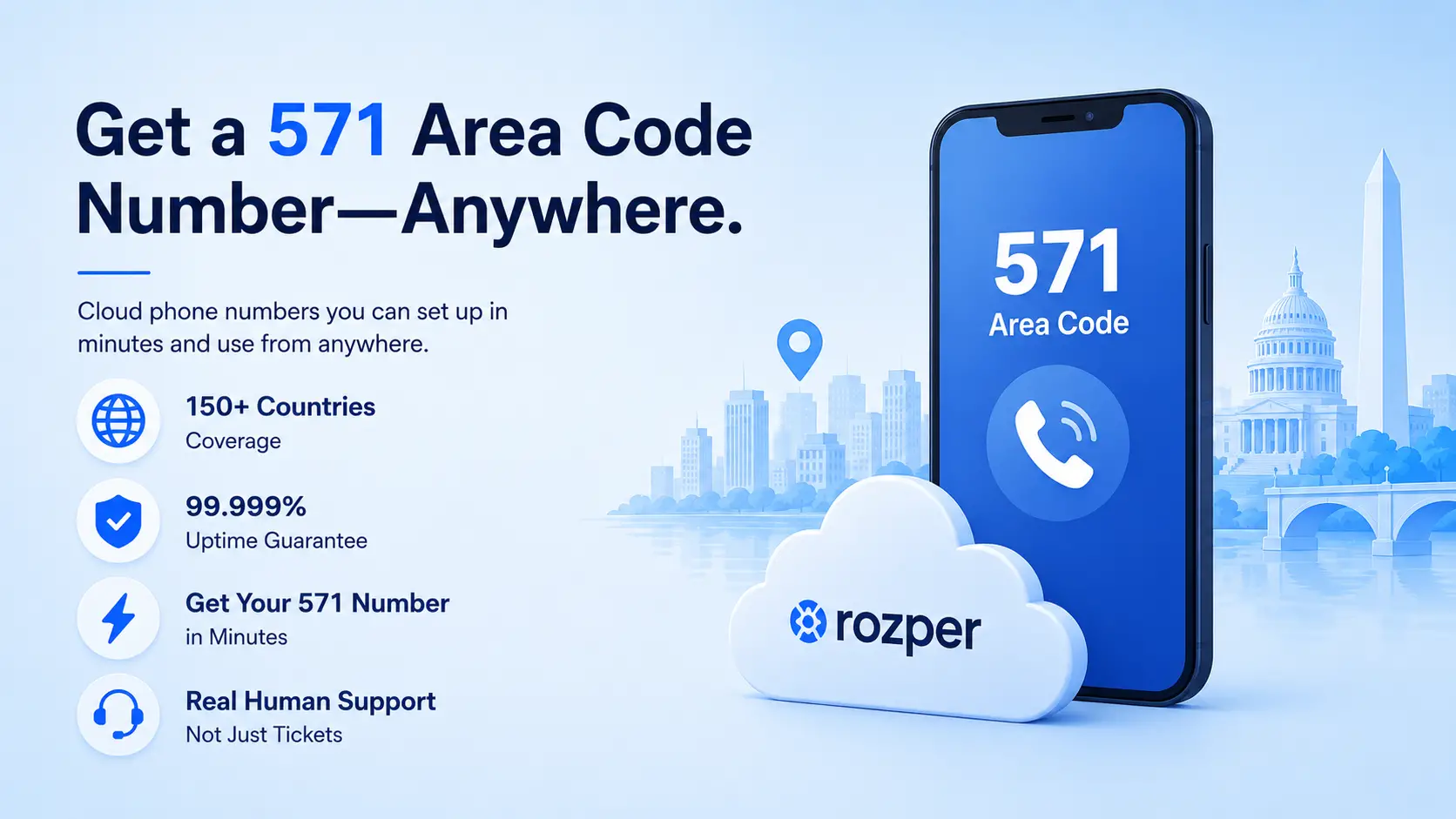 Get a 571 Area Code Number—Anywhere. — infographic showing how to provision a Northern Virginia line from the cloud