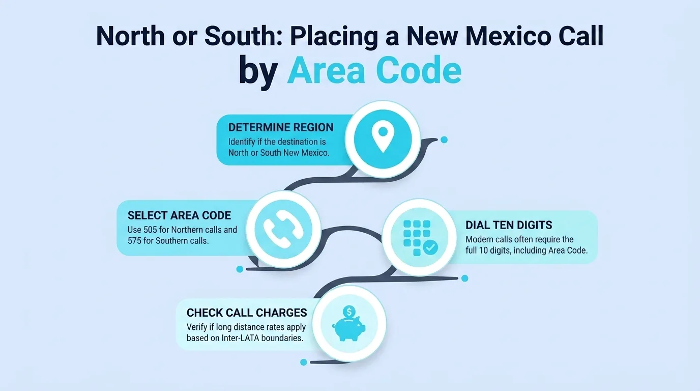 North or South: Placing a New Mexico Call by Area Code — determine region, select area code, dial ten digits, and check call charges