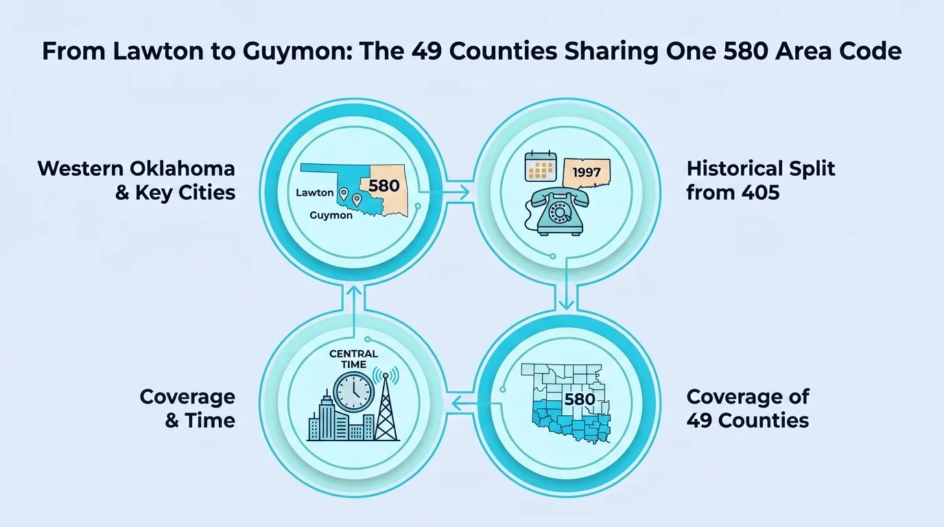 From Lawton to Guymon: The 49 Counties Sharing One 580 Area Code — diagram of western Oklahoma and key cities, the historical split from 405, county coverage, and Central Time zone