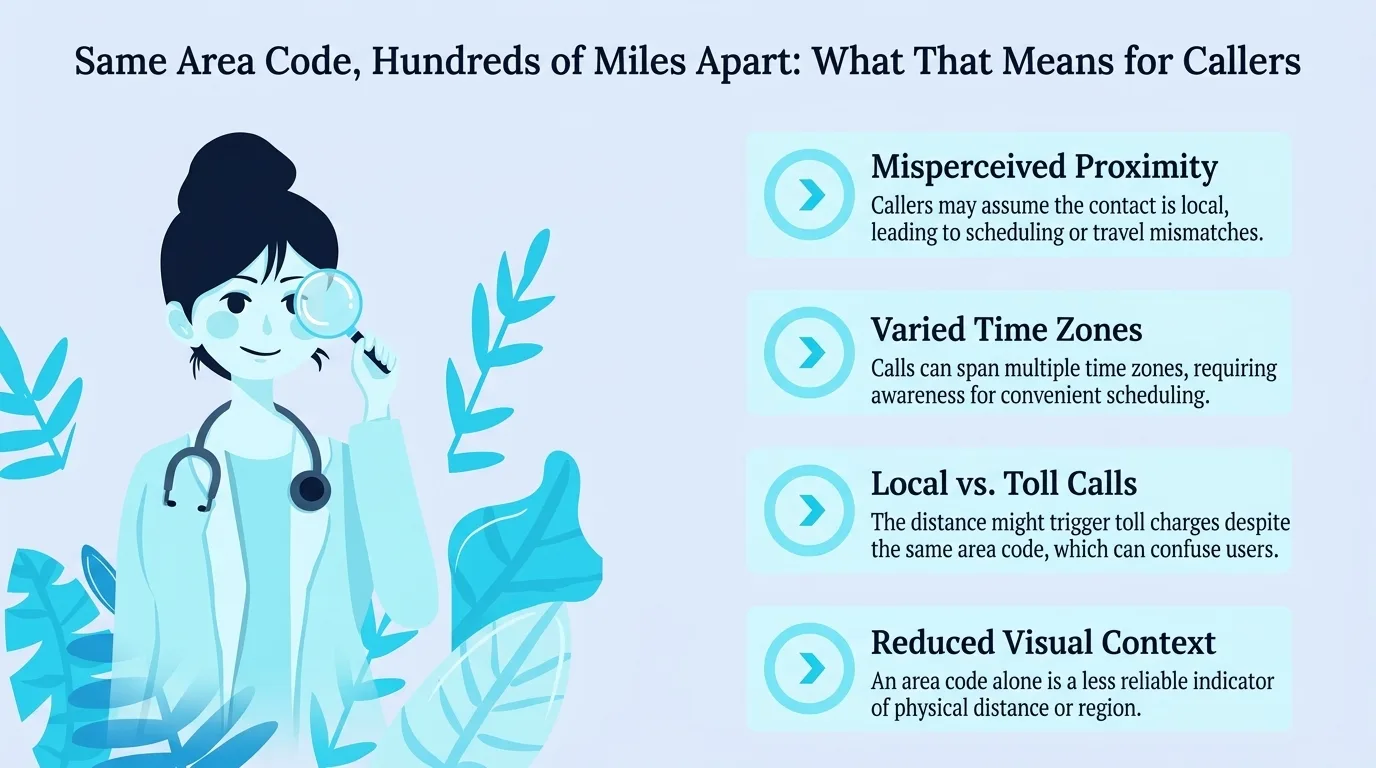 Same Area Code, Hundreds of Miles Apart: What That Means for Callers — four points covering misperceived proximity, varied time zones, local versus toll calls, and reduced visual context