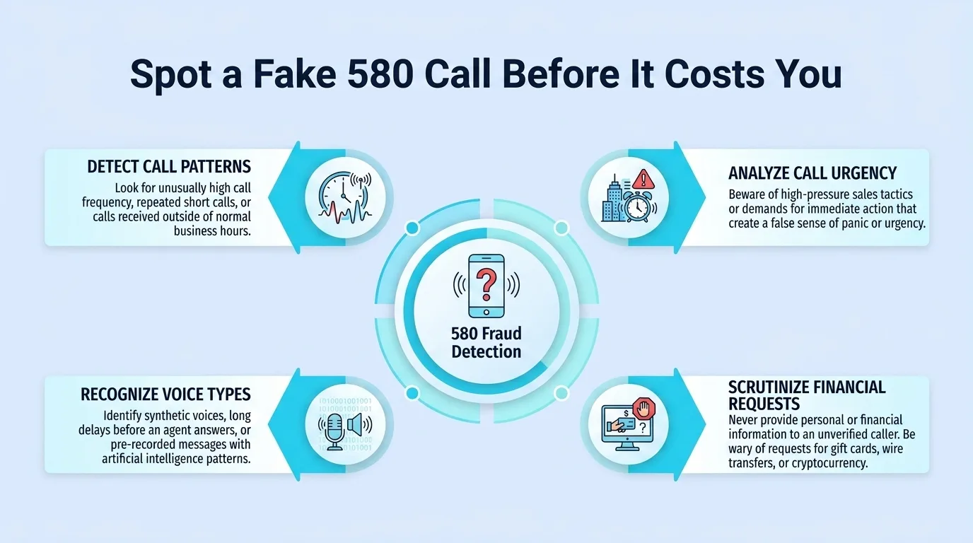 Spot a Fake 580 Call Before It Costs You — 580 fraud detection diagram covering detecting call patterns, analyzing call urgency, recognizing voice types, and scrutinizing financial requests