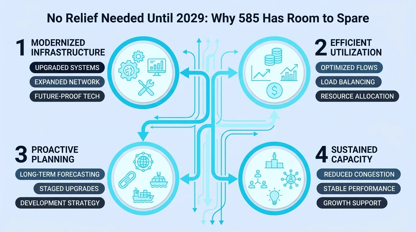 No Relief Needed Until 2029: Why 585 Has Room to Spare — modernized infrastructure, efficient utilization, proactive planning, and sustained capacity