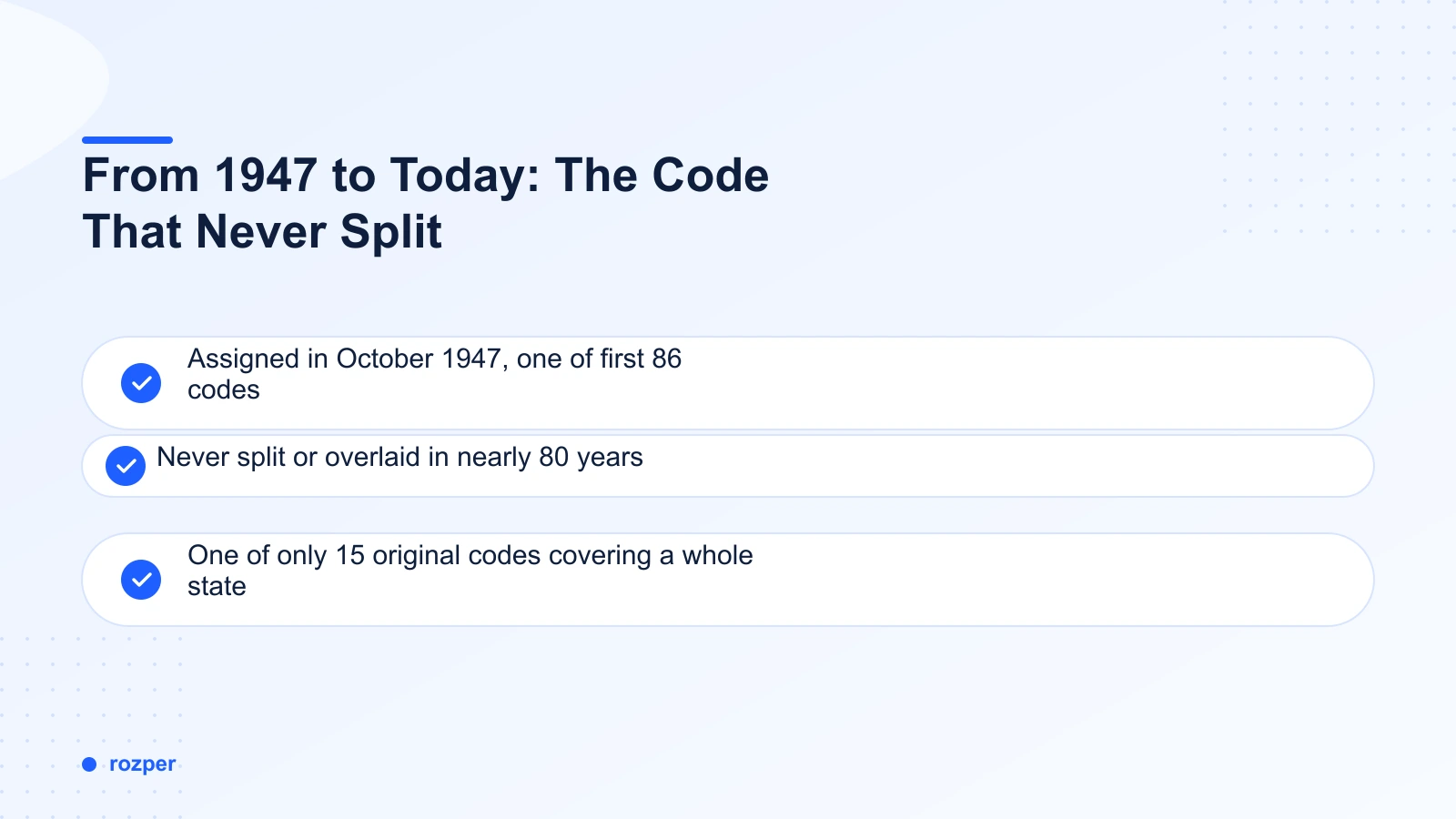 From 1947 to Today: The Code That Never Split — a timeline graphic showing 605 assigned in 1947 and unchanged through the present day