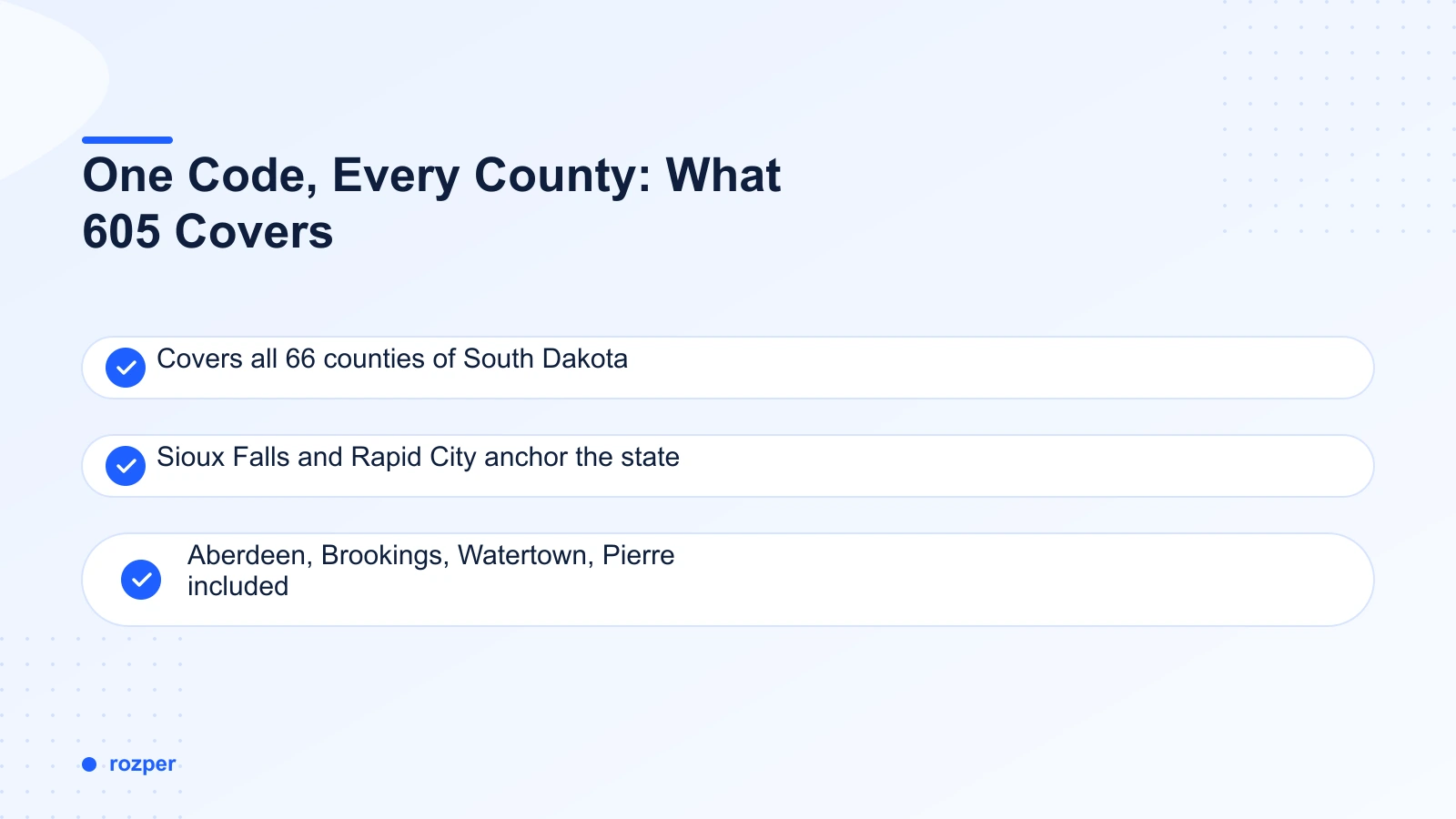 One Code, Every County: What 605 Covers — a map of South Dakota with the 605 area code shading the entire state boundary