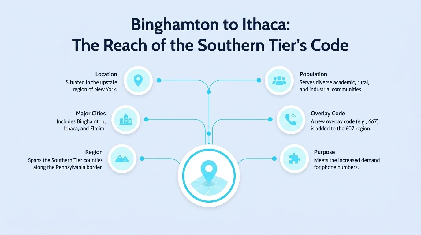 Binghamton to Ithaca: The Reach of the Southern Tier's Code — infographic showing the 607 area code's location, population, major cities, region, overlay status, and purpose