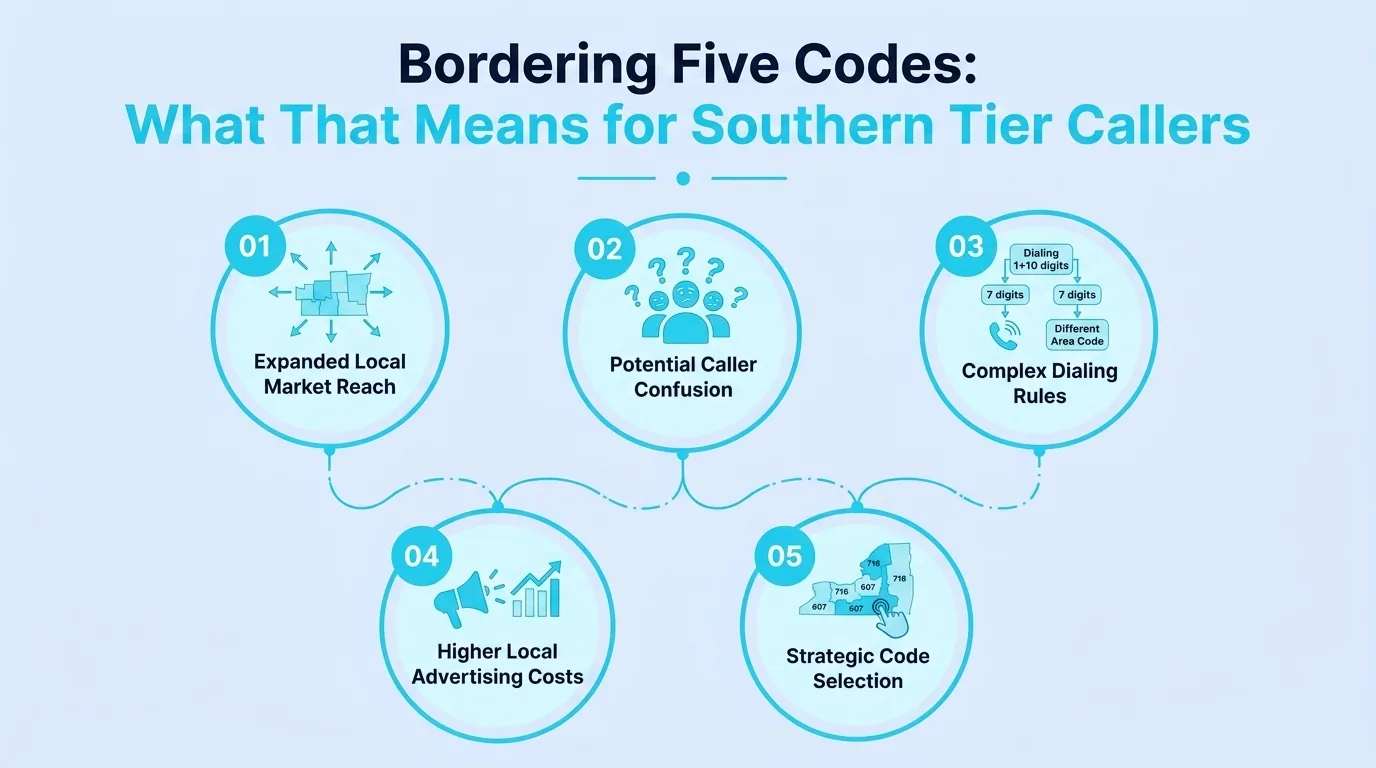 Bordering Five Codes: What That Means for Southern Tier Callers — five-part infographic covering expanded market reach, potential caller confusion, complex dialing rules, higher advertising costs, and strategic code selection