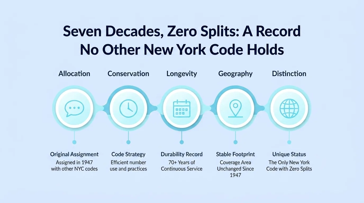 Seven Decades, Zero Splits: A Record No Other New York Code Holds — infographic covering original 1947 allocation, conservation strategy, longevity, stable geography, and unique distinction