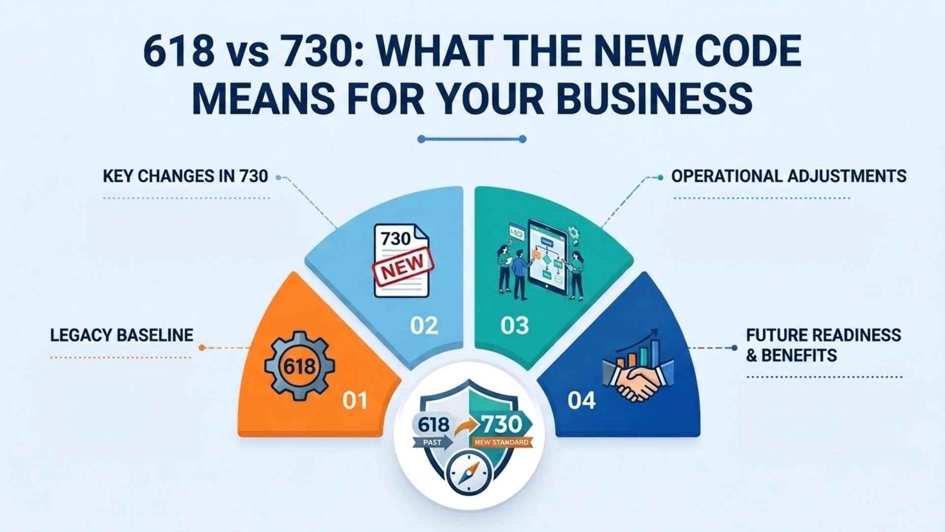 618 vs 730: What the New Code Means for Your Business — half-circle diagram covering the legacy baseline, key changes in 730, operational adjustments, and future readiness and benefits