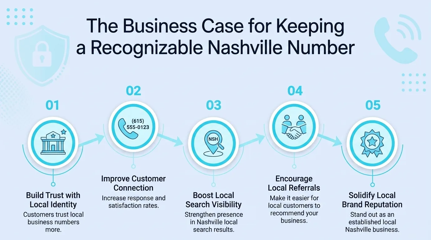 The Business Case for Keeping a Recognizable Nashville Number — five-step infographic covering local identity, customer connection, search visibility, referrals, and brand reputation