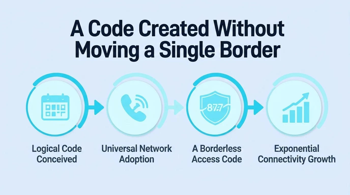 A Code Created Without Moving a Single Border — four-step diagram covering logical code conception, universal network adoption, borderless access, and connectivity growth