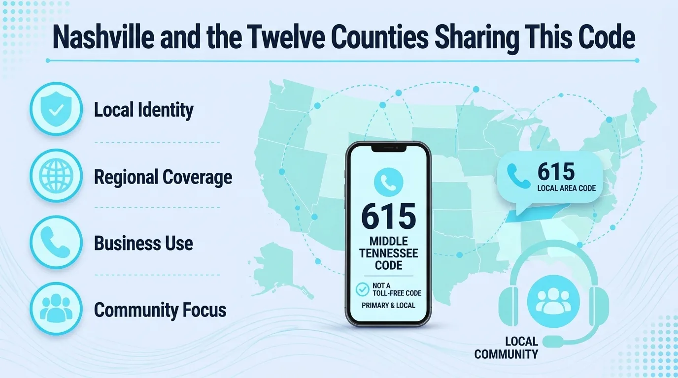 Nashville and the Twelve Counties Sharing This Code — phone screen showing the 615 Middle Tennessee code layered with the 629 overlay across the same local community