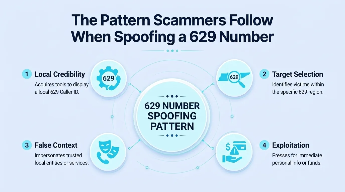 The Pattern Scammers Follow When Spoofing a 629 Number — diagram showing local credibility, target selection, false context, and exploitation stages of a 629 spoofing scheme