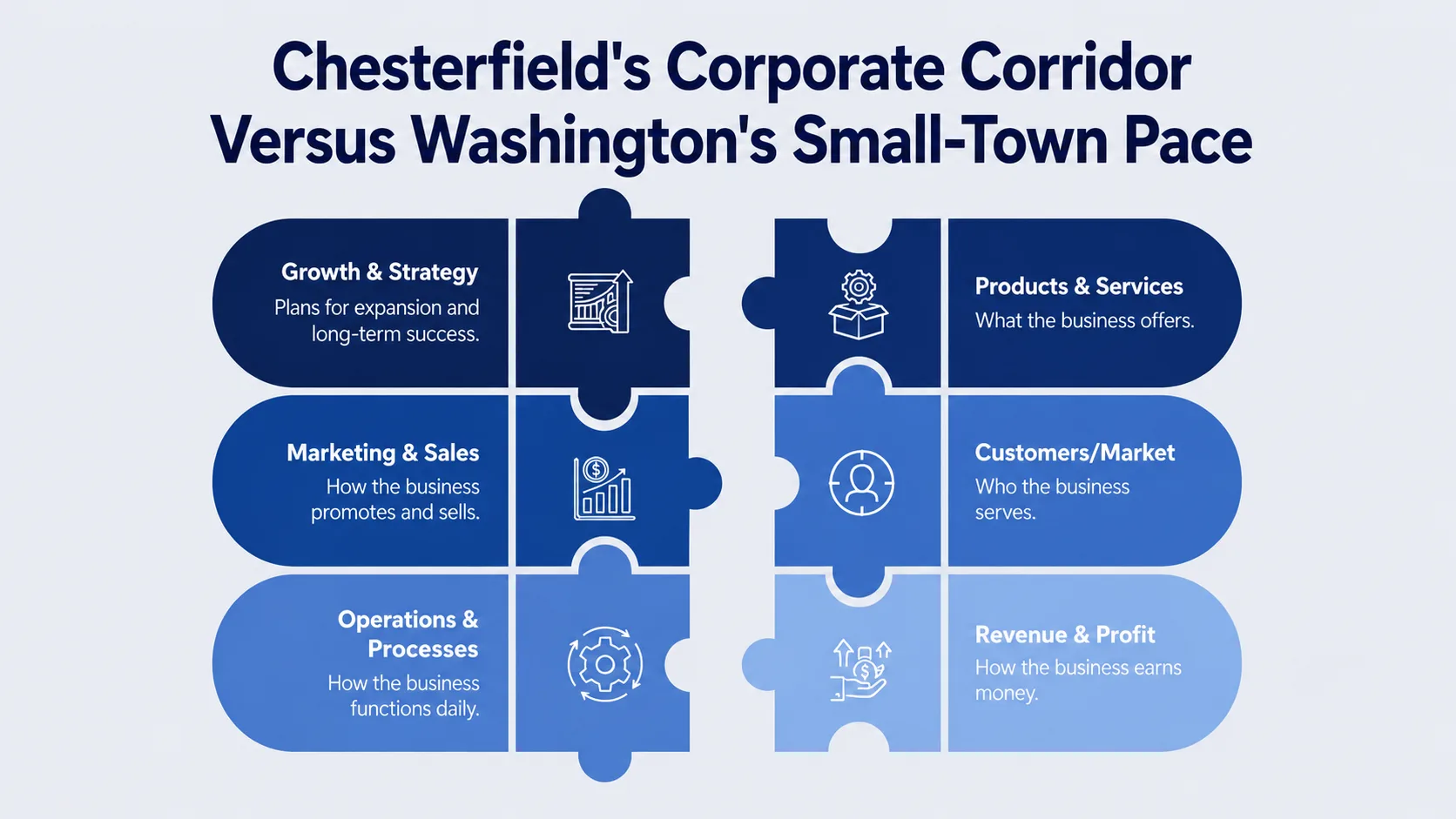 Chesterfield's Corporate Corridor Versus Washington's Small-Town Pace — infographic contrasting growth and strategy, marketing and sales, operations, products, customers, and revenue between the two suburbs