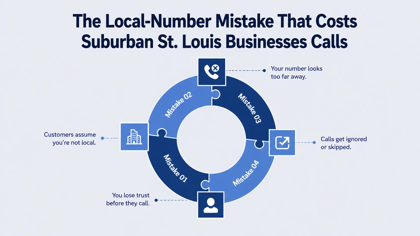 The Local-Number Mistake That Costs Suburban St. Louis Businesses Calls — circular diagram showing four mistakes: your number looks too far away, customers assume you're not local, you lose trust before they call, and calls get ignored or skipped