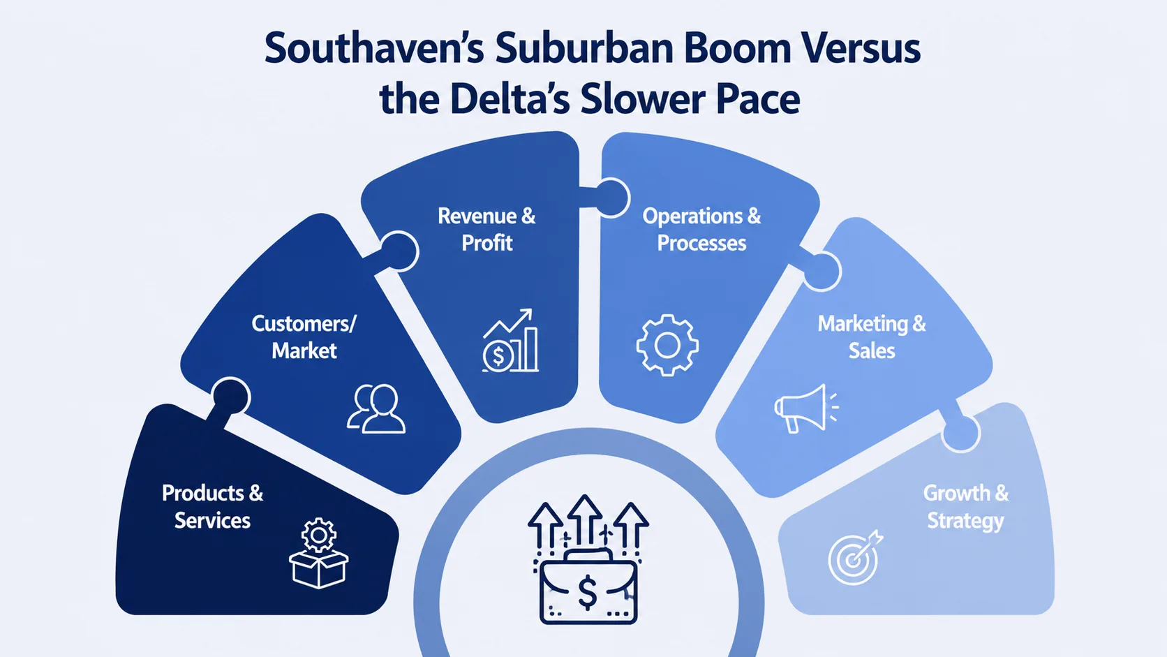 Southaven's Suburban Boom Versus the Delta's Slower Pace — infographic comparing customers and market, revenue and profit, operations, marketing, growth strategy, and products and services