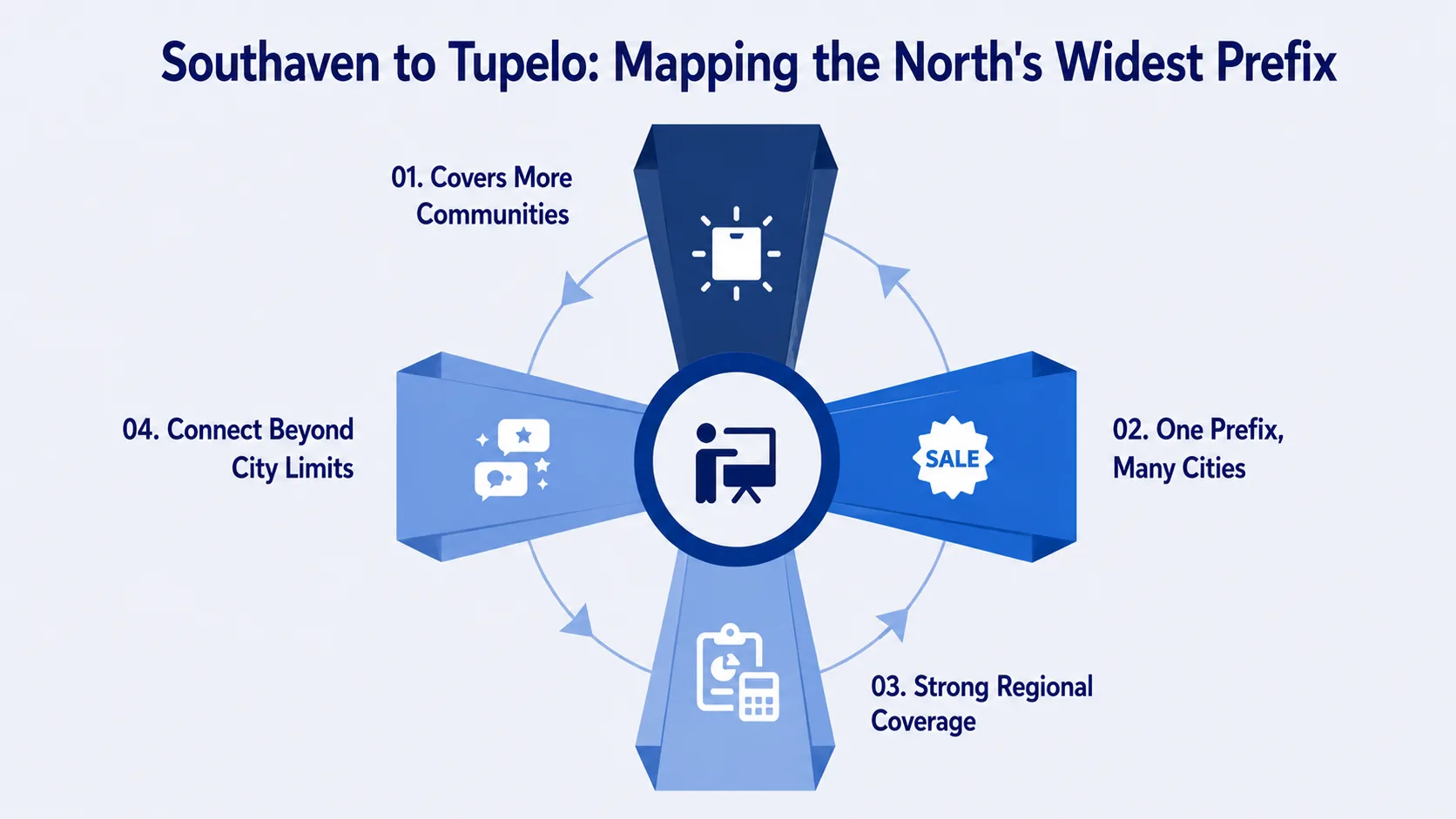Southaven to Tupelo: Mapping the North's Widest Prefix — infographic covering more communities, one prefix and many cities, strong regional coverage, and connecting beyond city limits