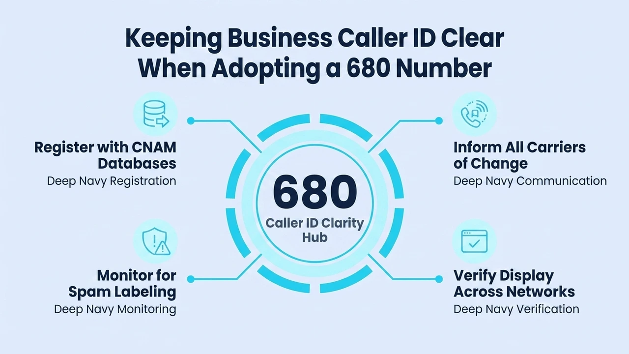 Keeping Business Caller ID Clear When Adopting a 680 Number — clarity hub covering CNAM registration, carrier notification, spam-label monitoring, and display verification