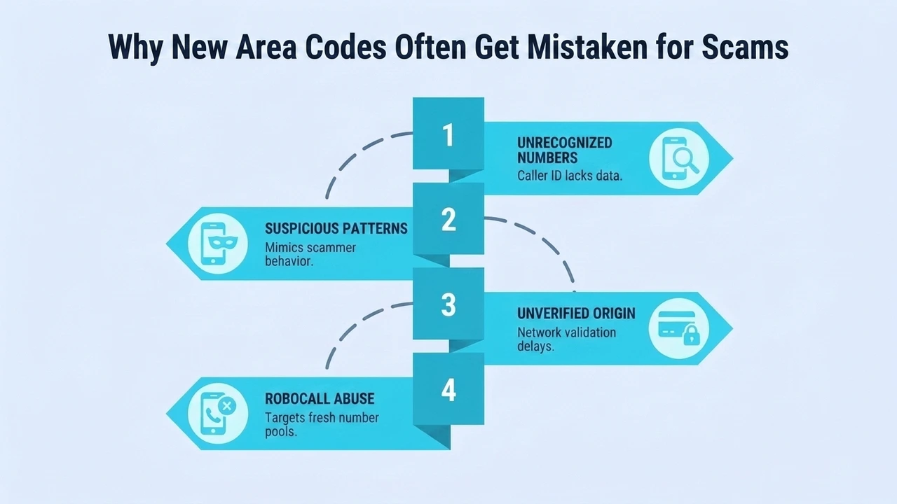 Why New Area Codes Often Get Mistaken for Scams — four reasons: unrecognized numbers, suspicious patterns, unverified origin, and robocall abuse