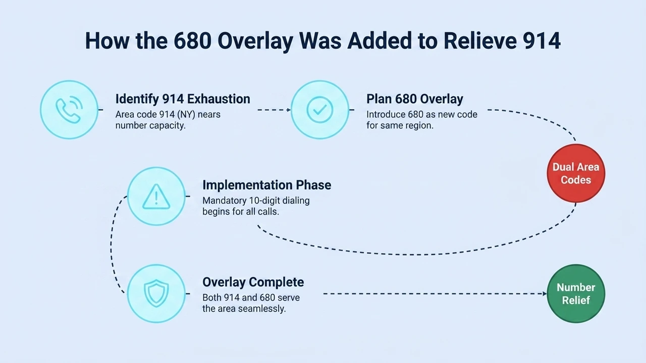 How the 680 Overlay Was Added to Relieve 914 — four-step process: identify 914 exhaustion, plan the 680 overlay, implementation phase with mandatory 10-digit dialing, and overlay complete