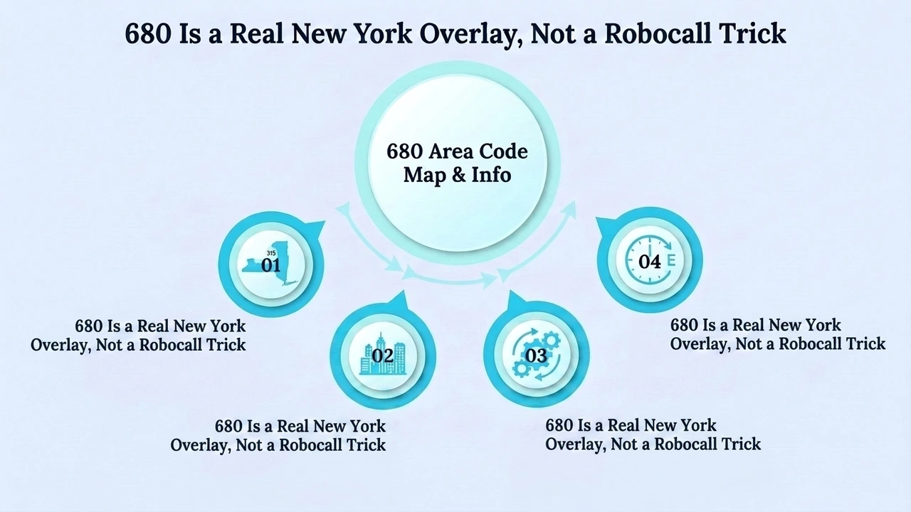680 Is a Real New York Overlay, Not a Robocall Trick — area code map and info diagram confirming the legitimacy of the 680 overlay