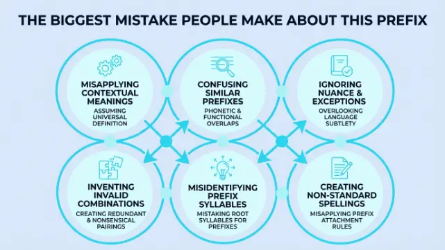The Biggest Mistake People Make About This Prefix — six circles covering misapplying meanings, confusing prefixes, ignoring nuance, invalid combinations, misidentifying syllables, and non-standard spellings