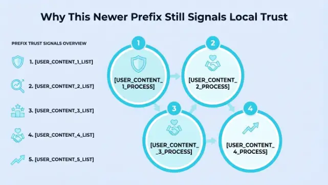 Why This Newer Prefix Still Signals Local Trust — four connected trust signal steps around a central prefix trust hub