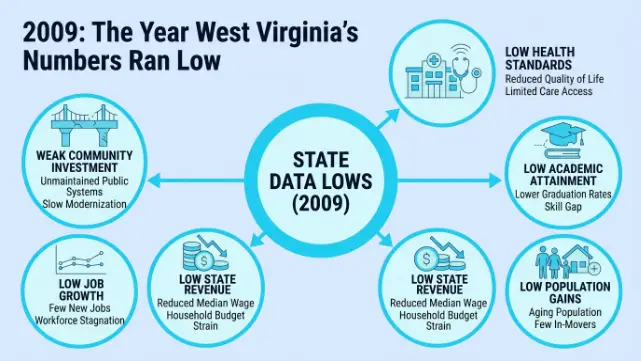 2009: The Year West Virginia's Numbers Ran Low — state data lows circle for 2009 connected to low job growth, low state revenue, low academic attainment, and low population gains