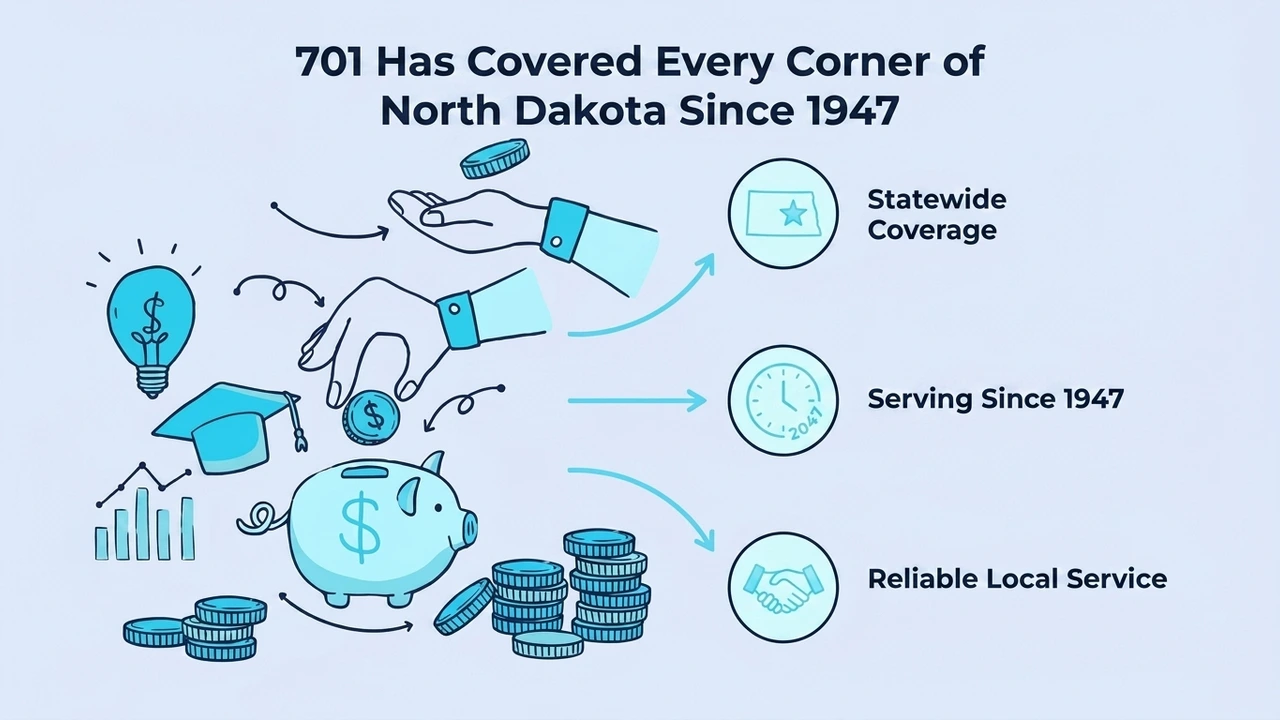 701 Has Covered Every Corner of North Dakota Since 1947 — three highlights: statewide coverage, serving since 1947, and reliable local service