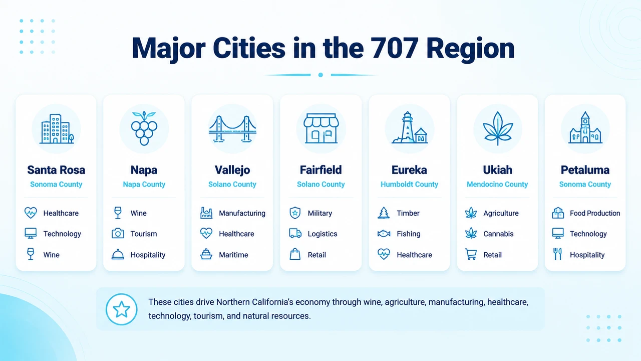 Map pinpointing Santa Rosa, Napa, Vallejo, and other key 707 towns