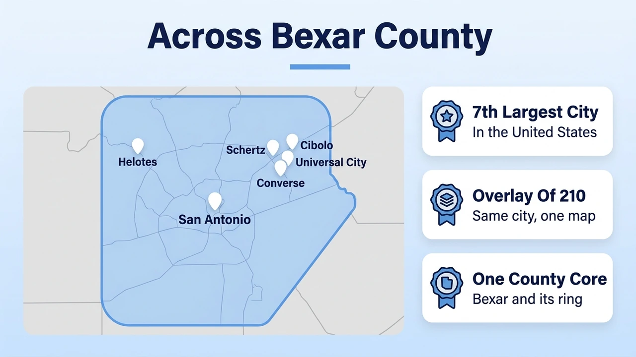 Across Bexar County — map of the San Antonio area covered by the 726 area code