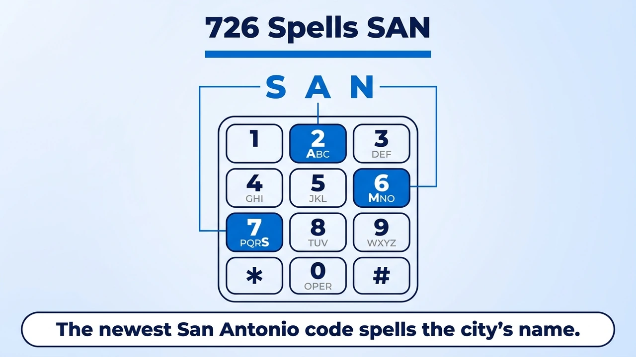 726 Spells SAN — telephone keypad highlighting how 726 maps to the letters S-A-N