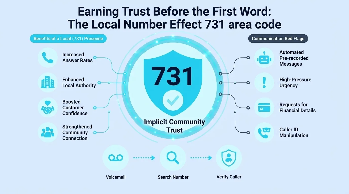 Earning Trust Before the First Word: The Local Number Effect — diagram comparing the benefits of a local 731 presence against common communication red flags