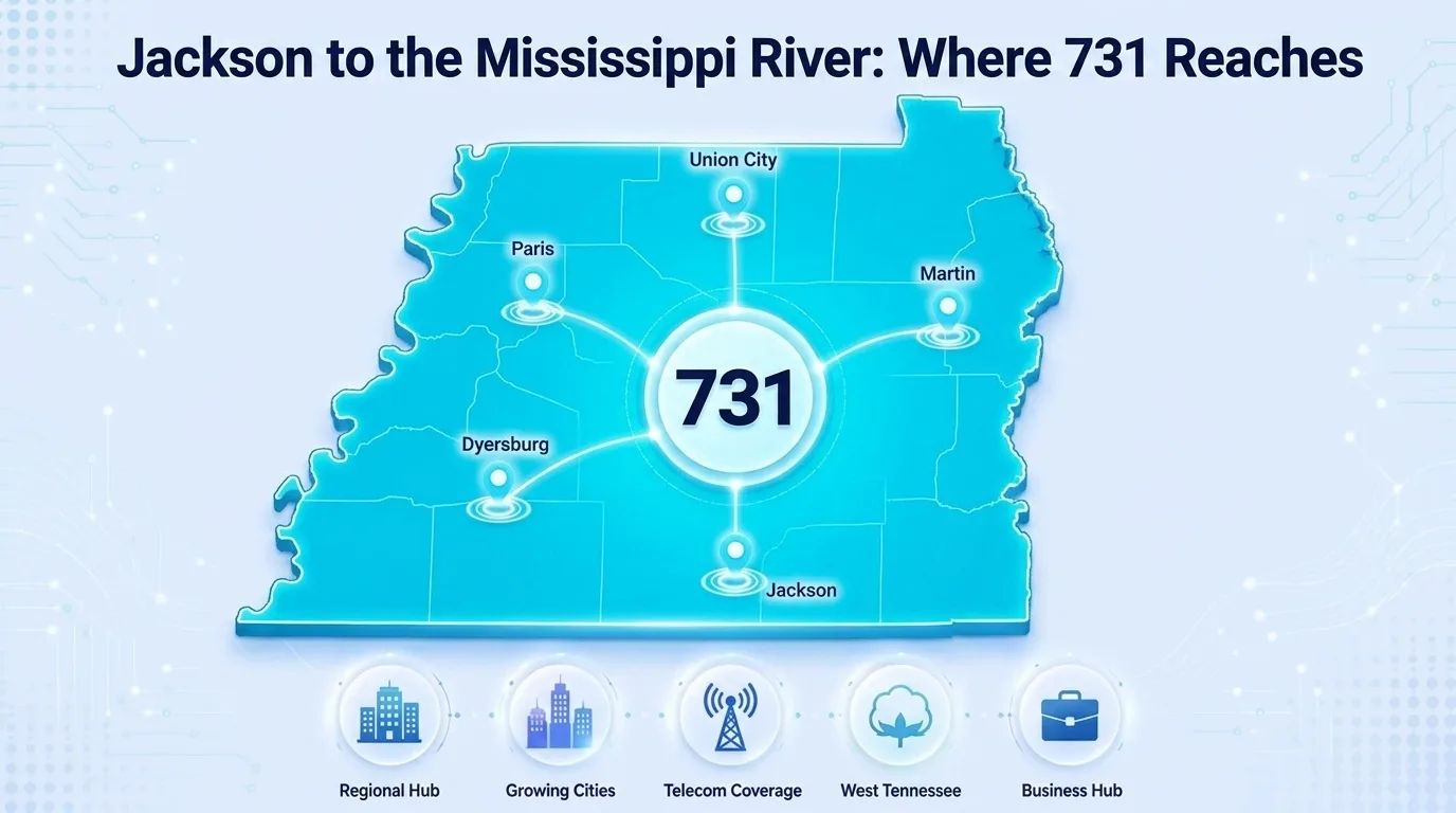 Jackson to the Mississippi River: Where 731 Reaches — map showing area code 731 covering Jackson, Dyersburg, Union City, Martin, and Paris across West Tennessee