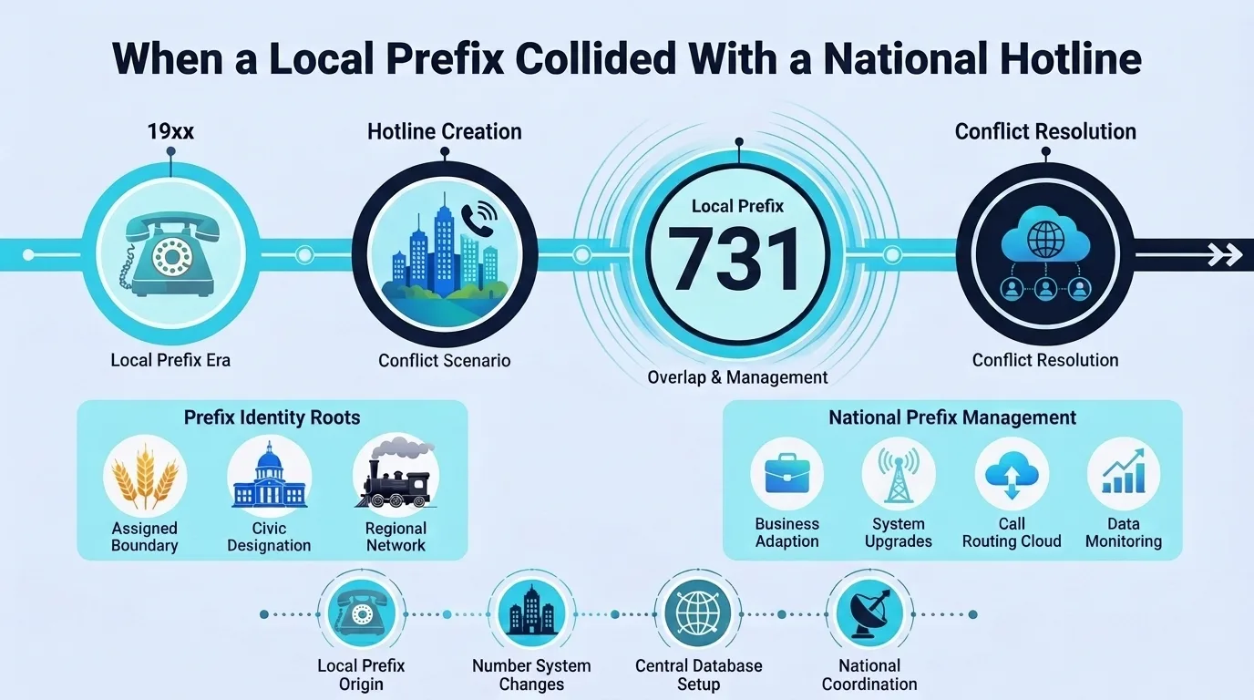 When a Local Prefix Collided With a National Hotline — timeline showing the local prefix era, hotline creation, overlap and management, and conflict resolution for area code 731's 988 numbers