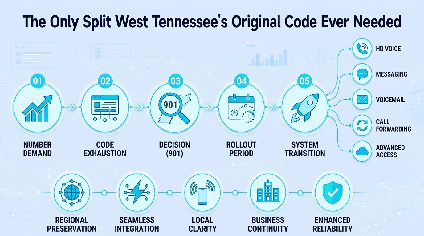 The Only Split West Tennessee's Original Code Ever Needed — five-step diagram covering number demand, code exhaustion, the 901 decision, rollout period, and system transition