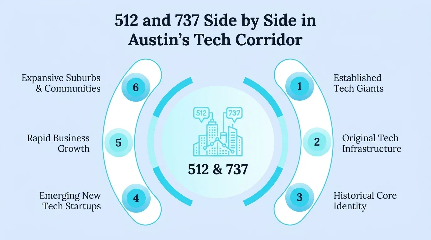 512 and 737 Side by Side in Austin's Tech Corridor — established tech giants, original tech infrastructure, historical core identity, emerging startups, rapid business growth, and expansive suburbs