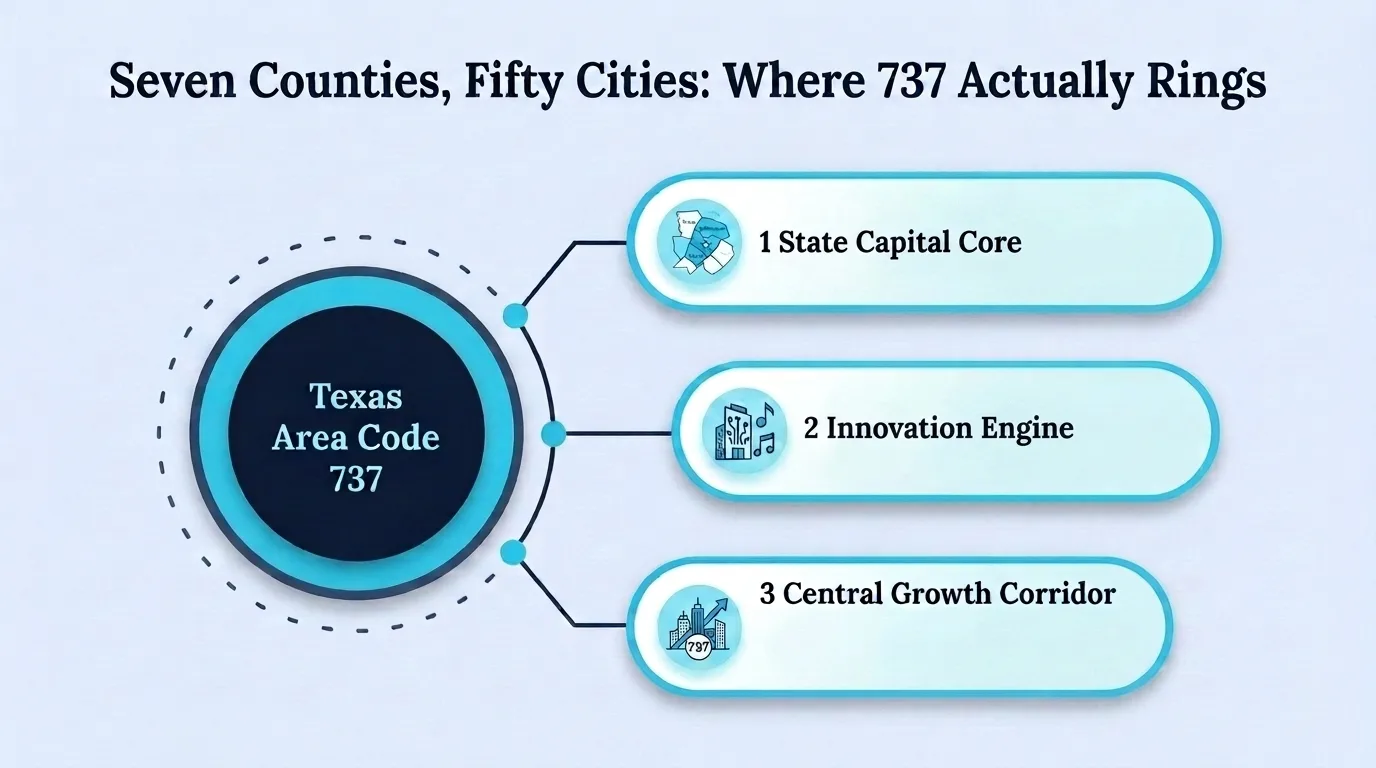 Seven Counties, Fifty Cities: Where 737 Actually Rings — Texas area code 737 anchored by the state capital core, an innovation engine, and a central growth corridor