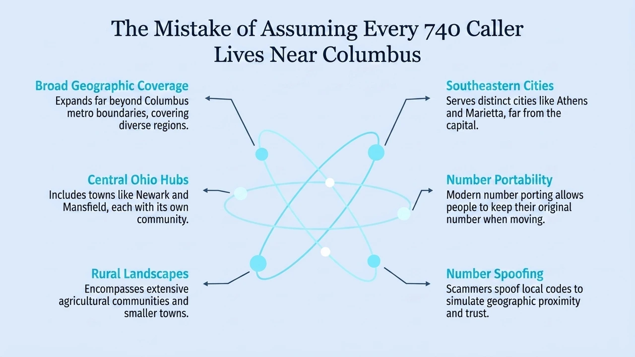 The Mistake of Assuming Every 740 Caller Lives Near Columbus — diagram of broad geographic coverage, southeastern cities, central Ohio hubs, number portability, rural landscapes, and number spoofing