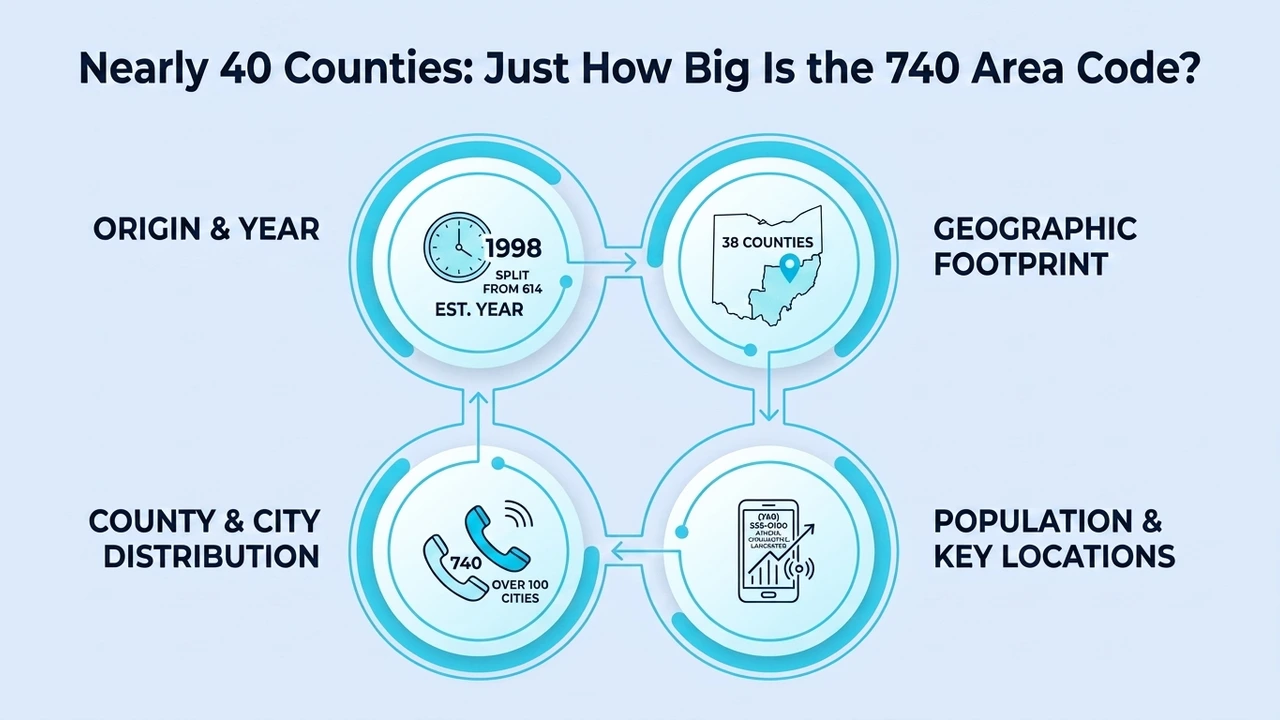 Nearly 40 Counties: Just How Big Is the 740 Area Code? — four-part breakdown of origin and year, geographic footprint, population and key locations, and county and city distribution