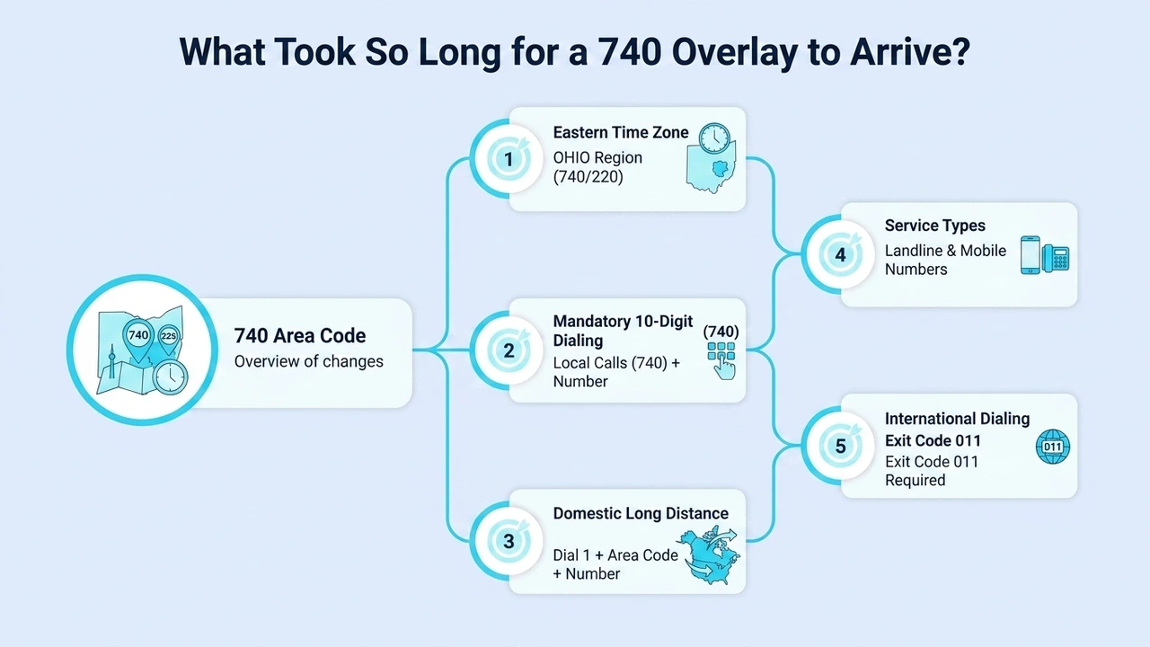 What Took So Long for a 740 Overlay to Arrive? — overview of changes covering Eastern Time zone, mandatory 10-digit dialing, domestic long distance, service types, and international dialing