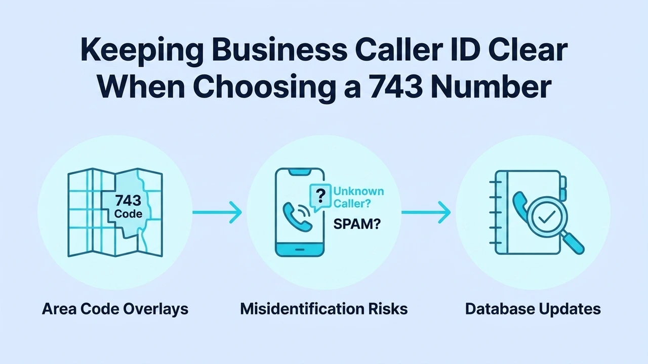 Keeping Business Caller ID Clear When Choosing a 743 Number — three-step flow: area code overlays, misidentification risks, and database updates