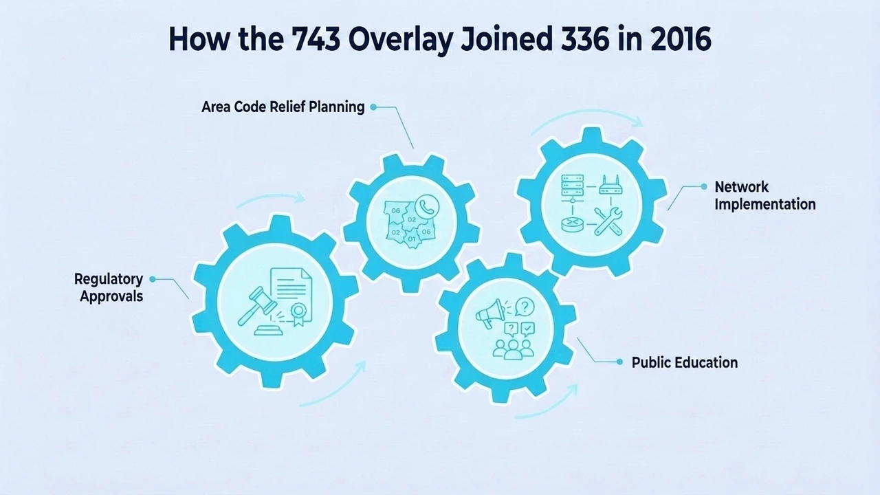 How the 743 Overlay Joined 336 in 2016 — four gears: regulatory approvals, area code relief planning, network implementation, and public education