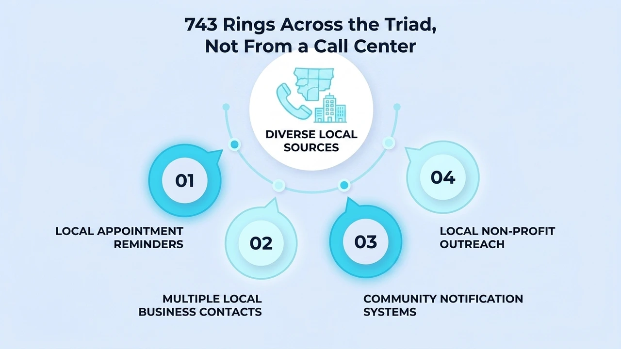743 Rings Across the Triad, Not From a Call Center — diverse local sources including local appointment reminders, multiple local business contacts, community notification systems, and local non-profit outreach