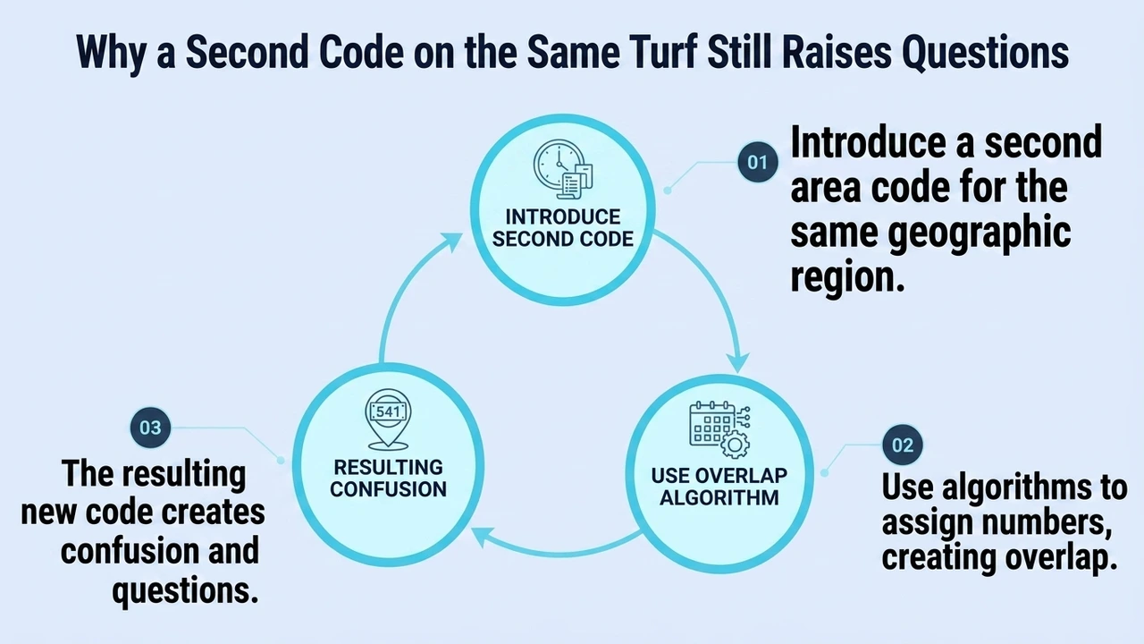 Why a Second Code on the Same Turf Still Raises Questions — cycle showing how introducing a second area code, using overlap algorithms, leads to resulting confusion